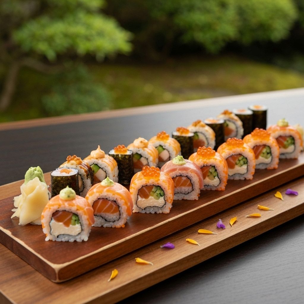Variedad de rollos de sushi en plato elegante